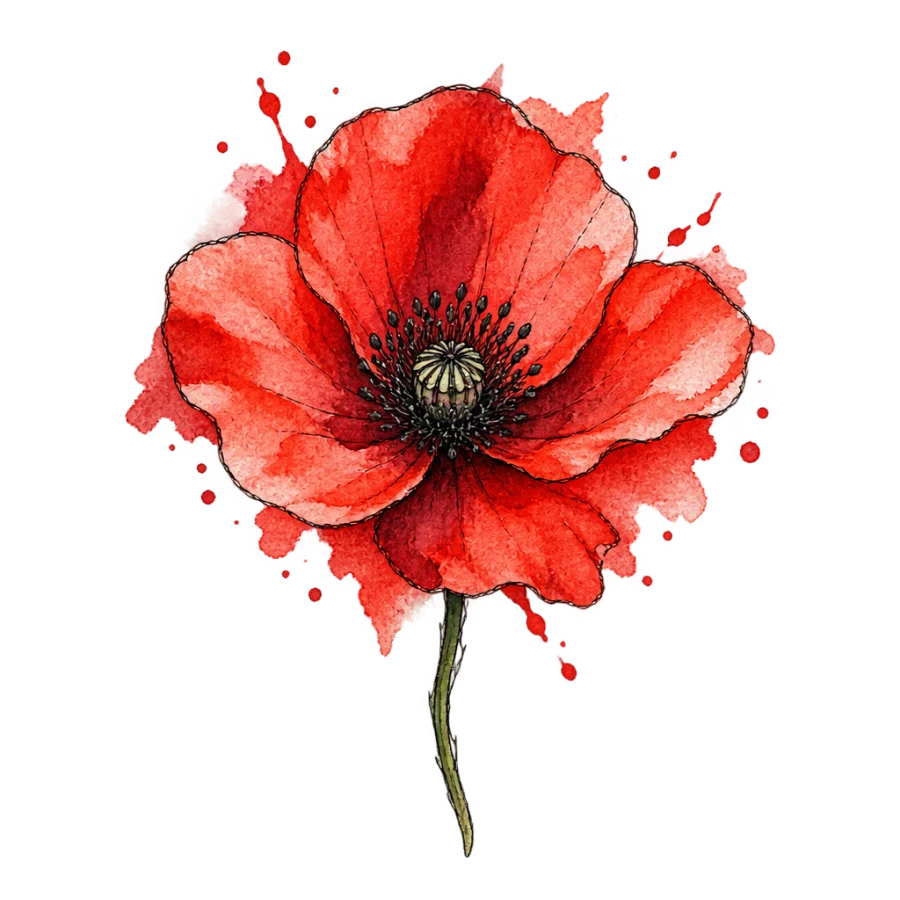 Watercolor poppy tattoo design with red washes bleeding past the linework