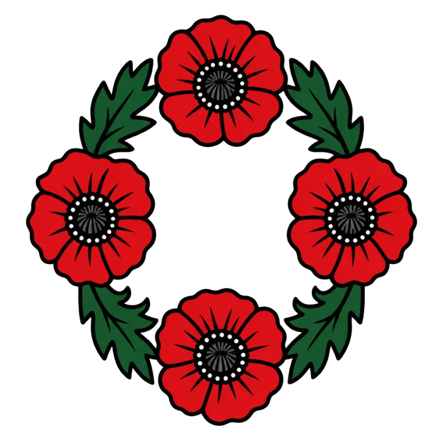 American traditional poppy tattoo design as a round remembrance wreath