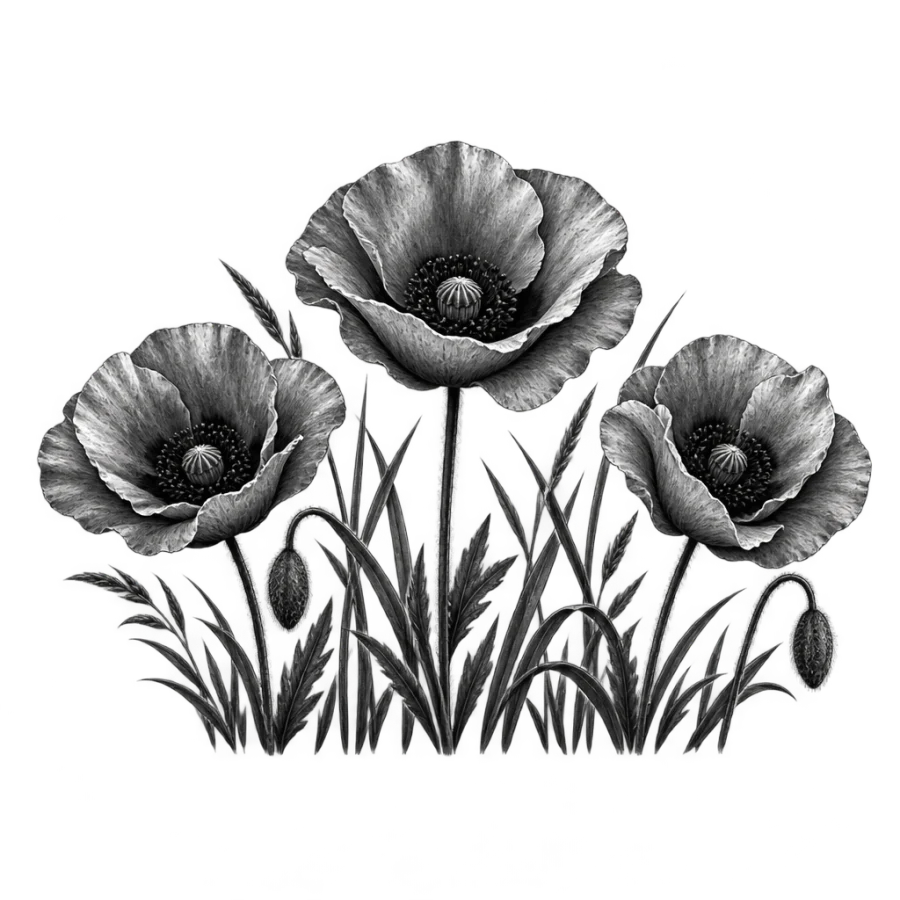 Black and grey realism poppy tattoo design as a wide field band