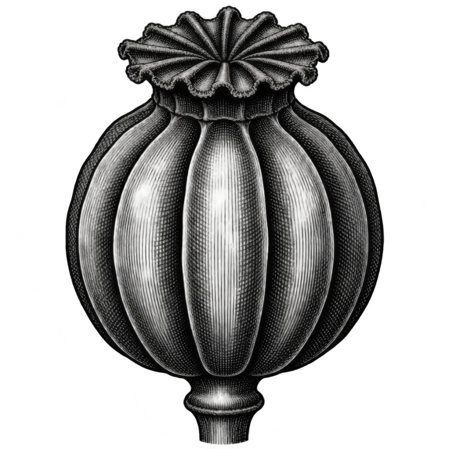 Engraved poppy tattoo design in close crop on a ribbed dried seed pod
