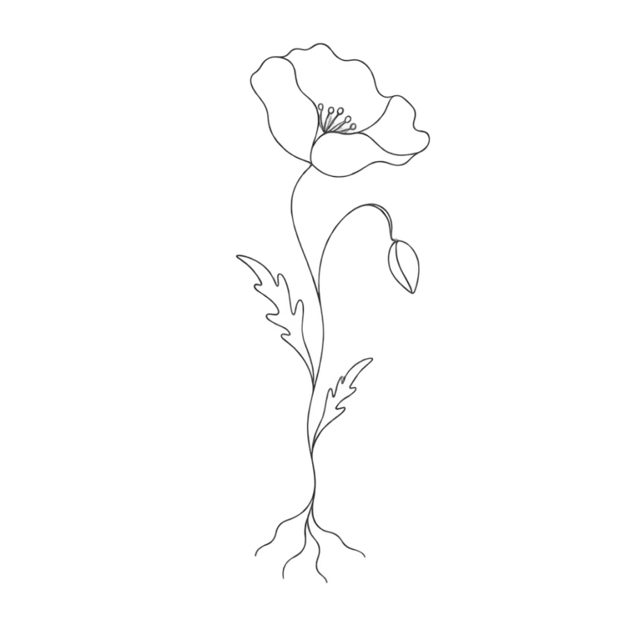 Single line poppy tattoo design in profile with a drooping unopened bud