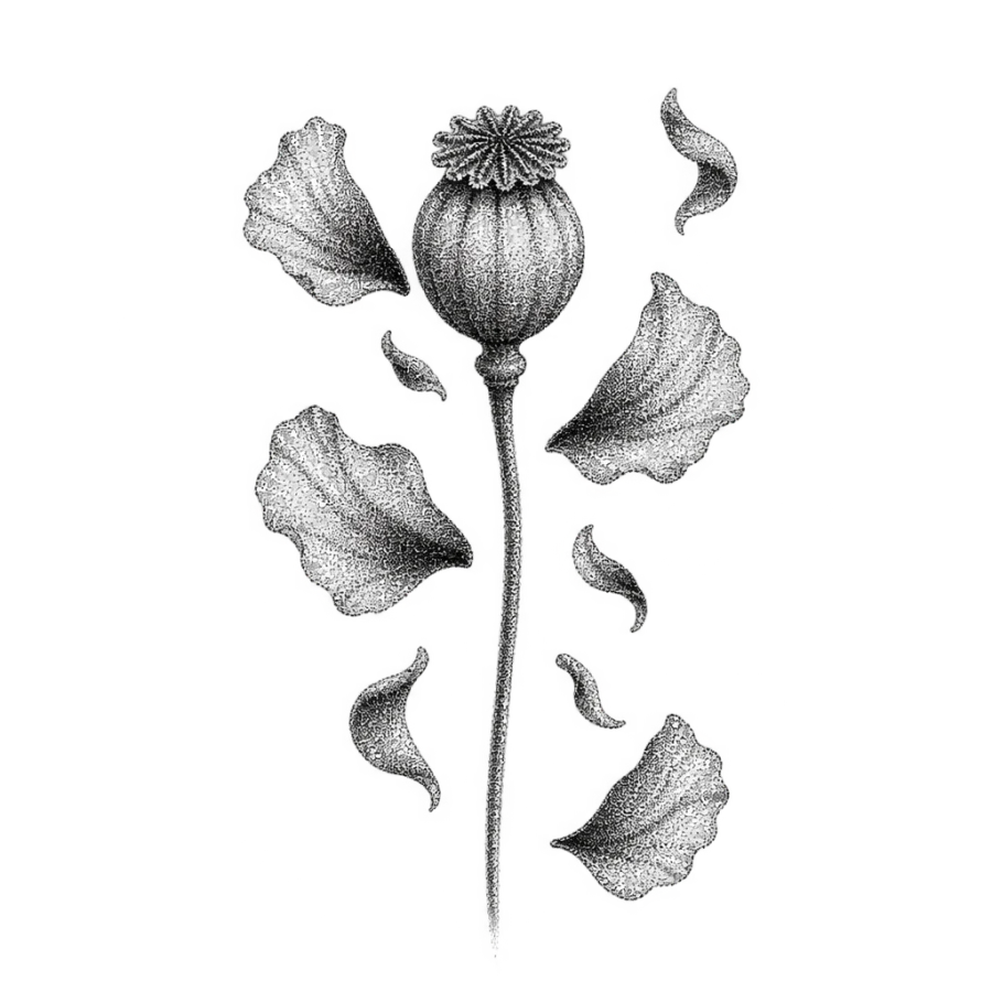 Dotwork poppy tattoo design of a seed head with petals scattering mid fall