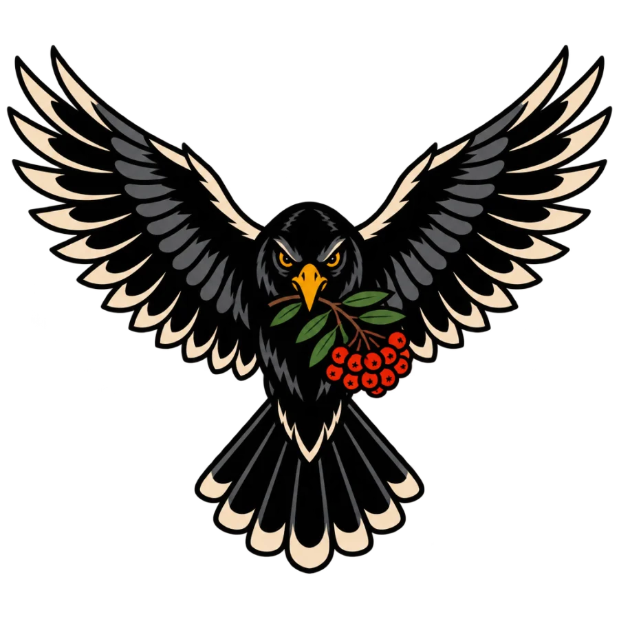 American traditional raven tattoo with wings spread wide holding a rowan sprig