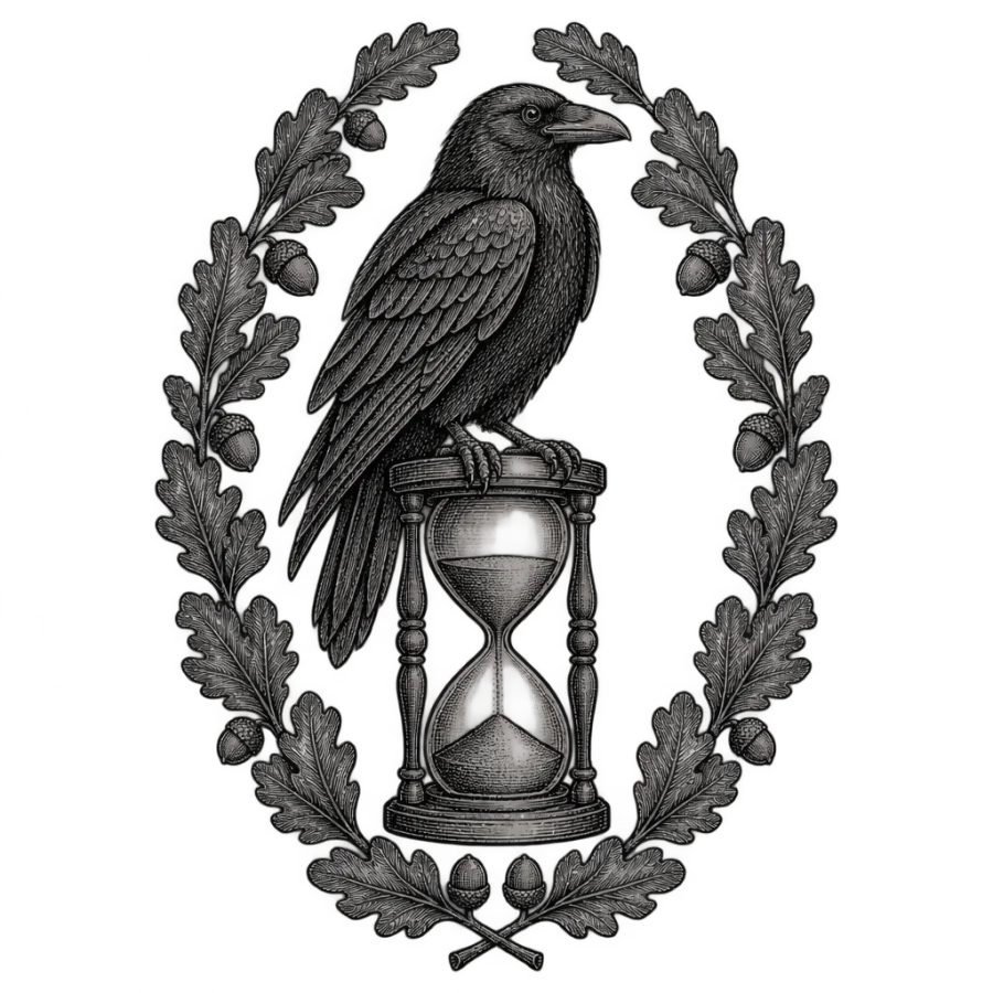 Woodcut engraving raven tattoo perched on an hourglass in an oak leaf vignette