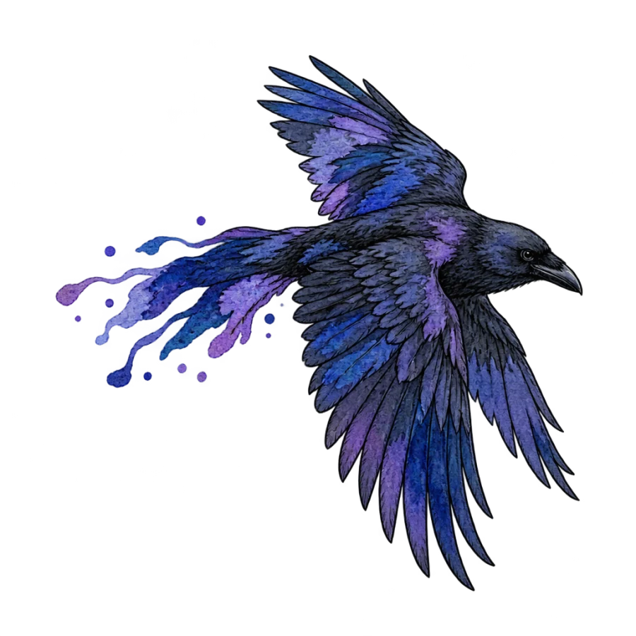 Watercolour raven tattoo gliding with indigo and violet washes over black line