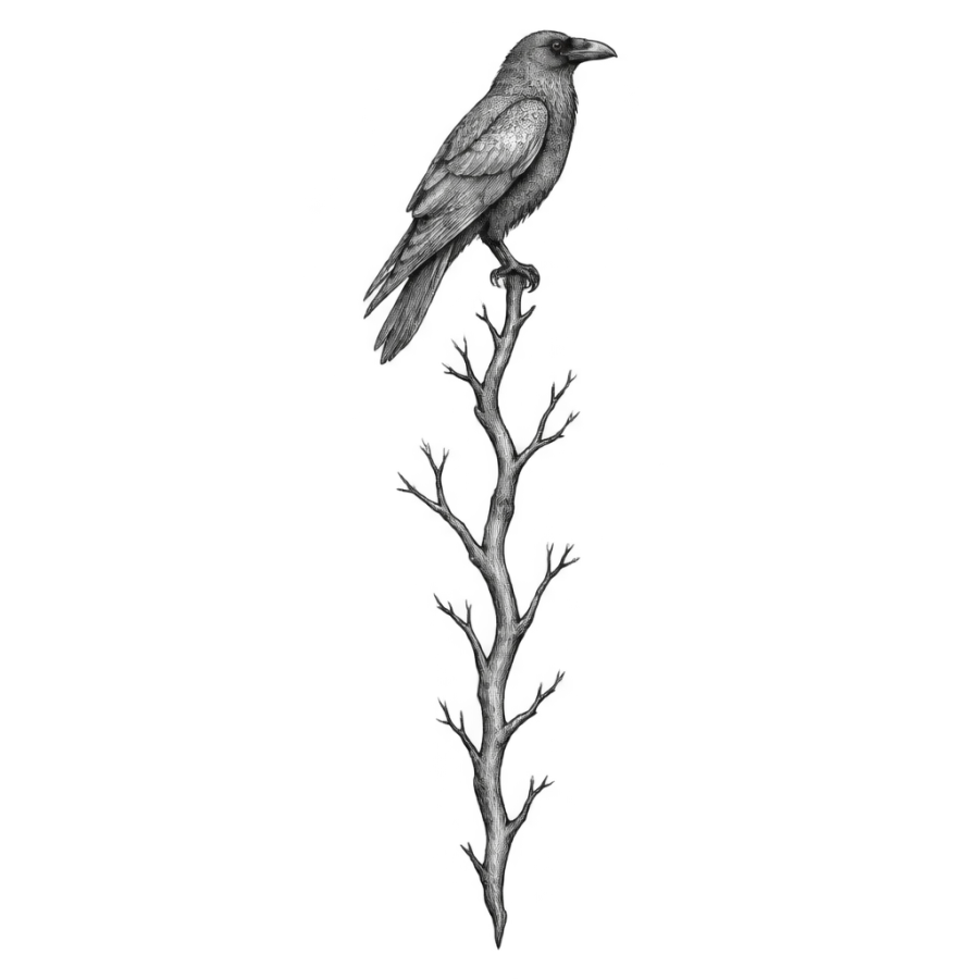 Fine line raven tattoo perched on a tall bare branch with dotwork