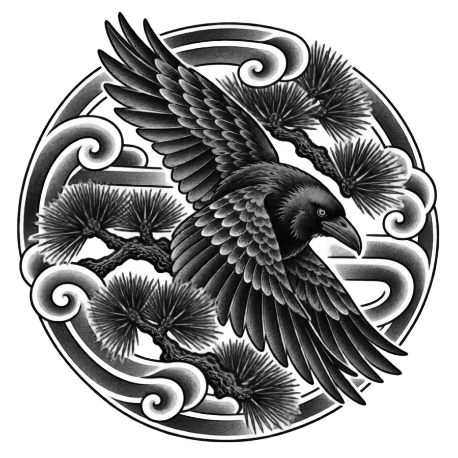 Japanese irezumi raven tattoo banking through pine boughs with wind bars