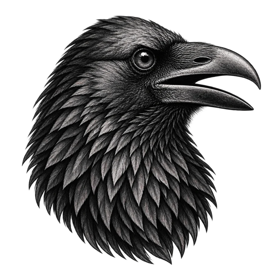 Black and grey realism raven head tattoo in profile with detailed hackles