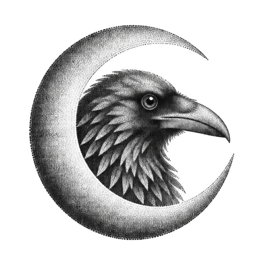 Dotwork stippled raven tattoo inside a crescent moon with no outlines