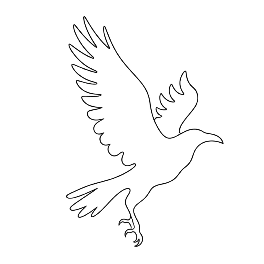 Minimalist single line raven tattoo taking off with wings half raised