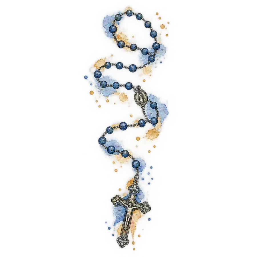 Watercolor rosary tattoo falling over loose washes and splatter marks