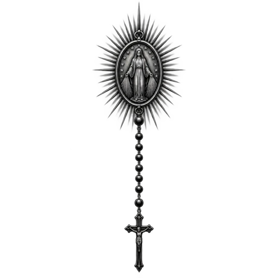 Chicano black and grey rosary tattoo hanging from a Marian medal