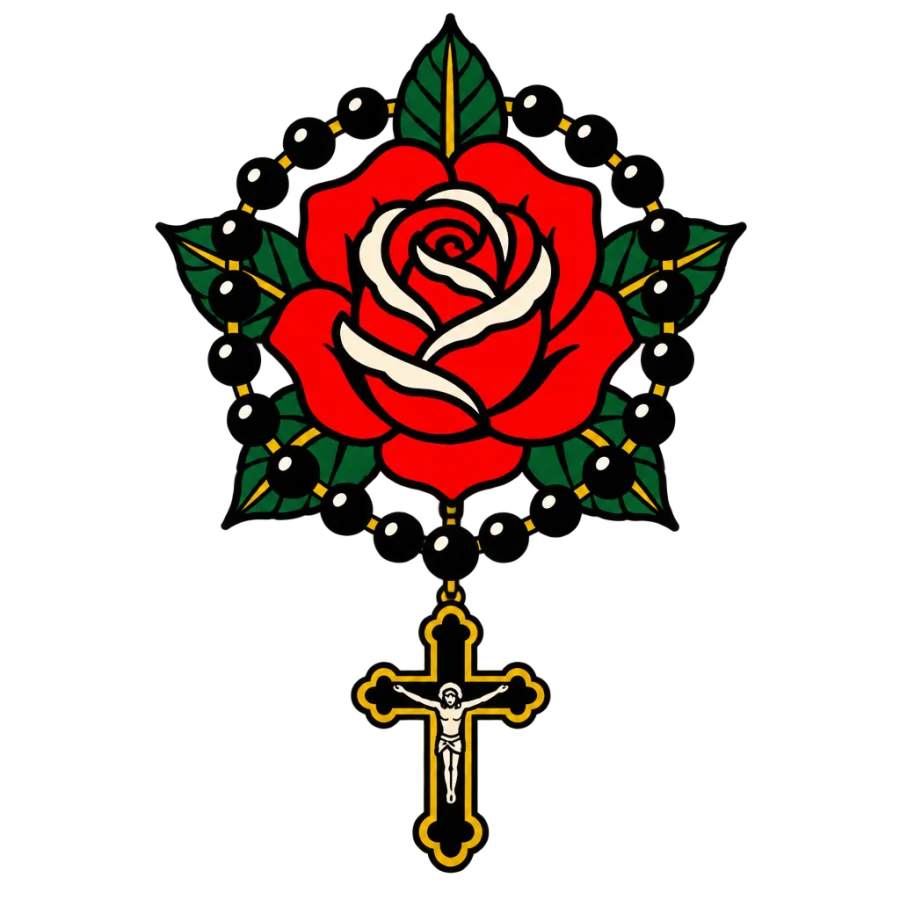 American traditional rosary tattoo looped around a bold open rose