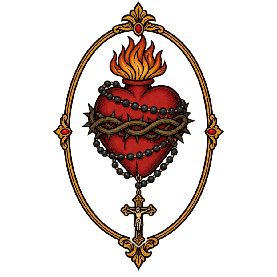 Neo traditional sacred heart tattoo wrapped in rosary beads and thorns
