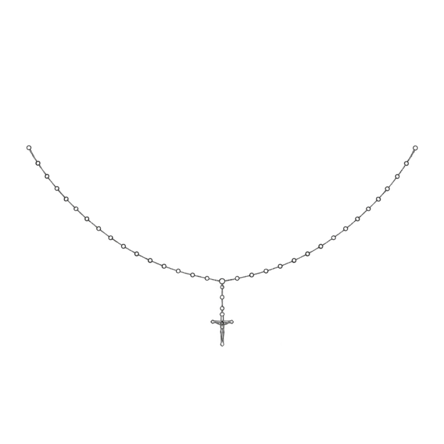 Fine line rosary tattoo hanging in a wide swag with small crucifix