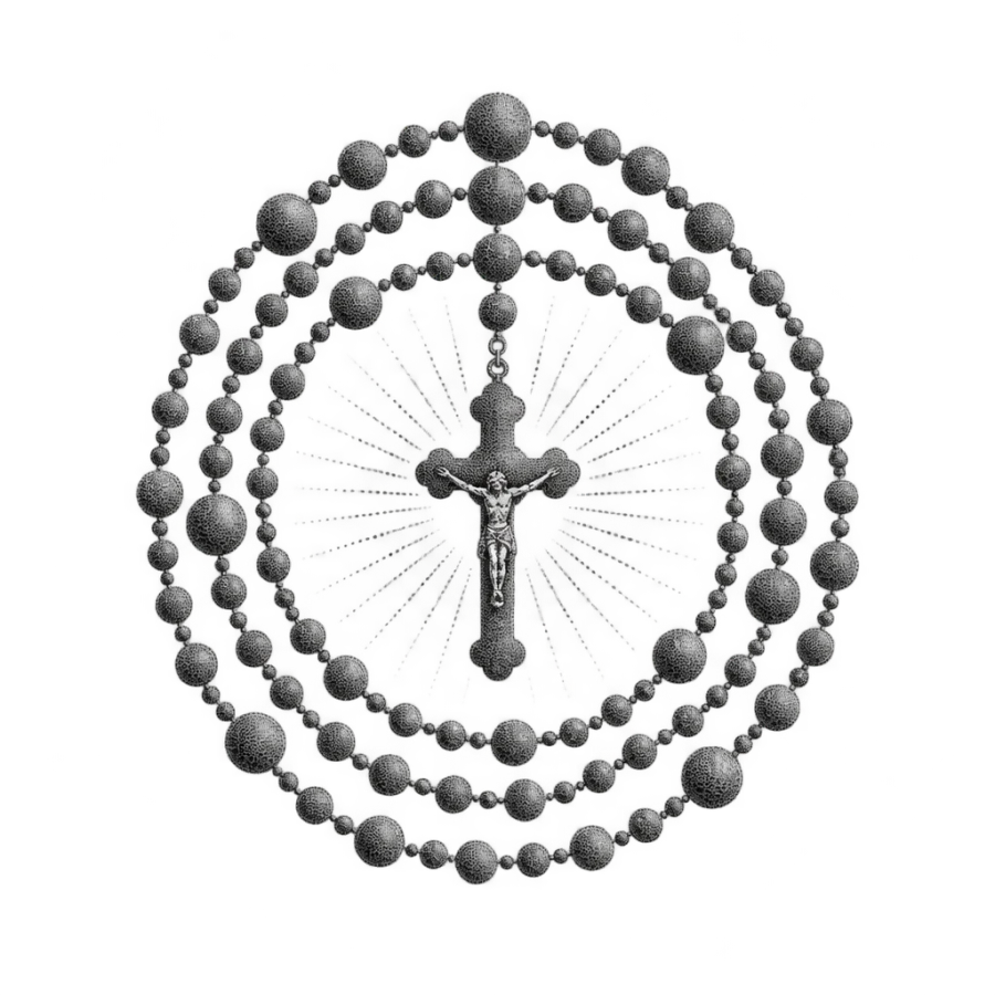 Dotwork rosary tattoo coiled into a medallion with radiating rays