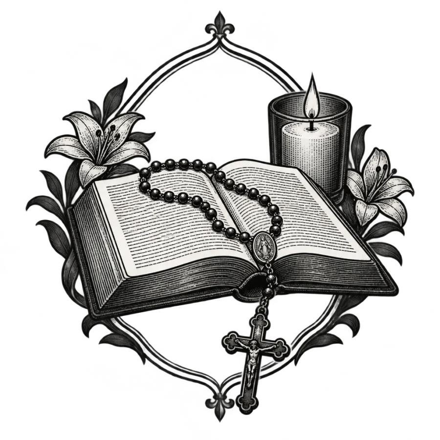 Engraved tattoo of a rosary draped over an open prayer book