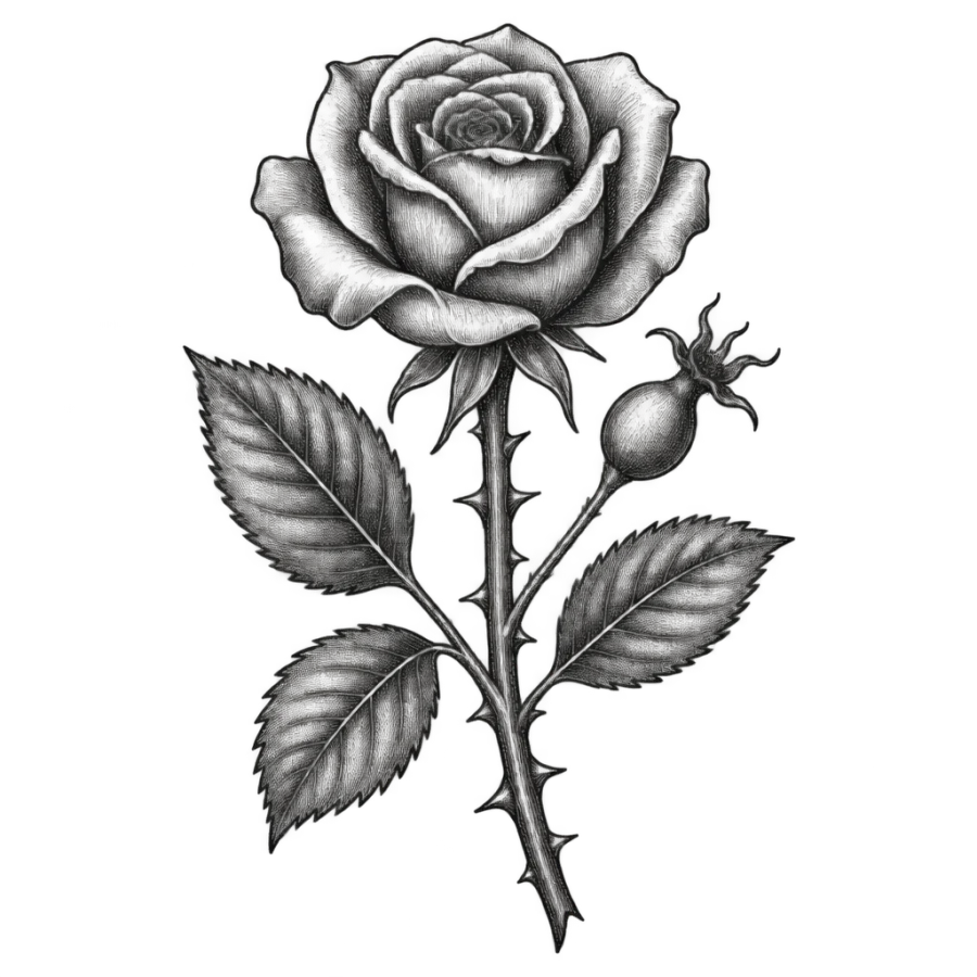 Engraved botanical rose tattoo design with thorned stem, leaves and a hip