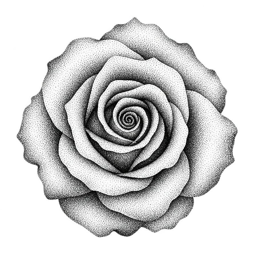 Dotwork rose tattoo design seen from above with spiralling stippled petals