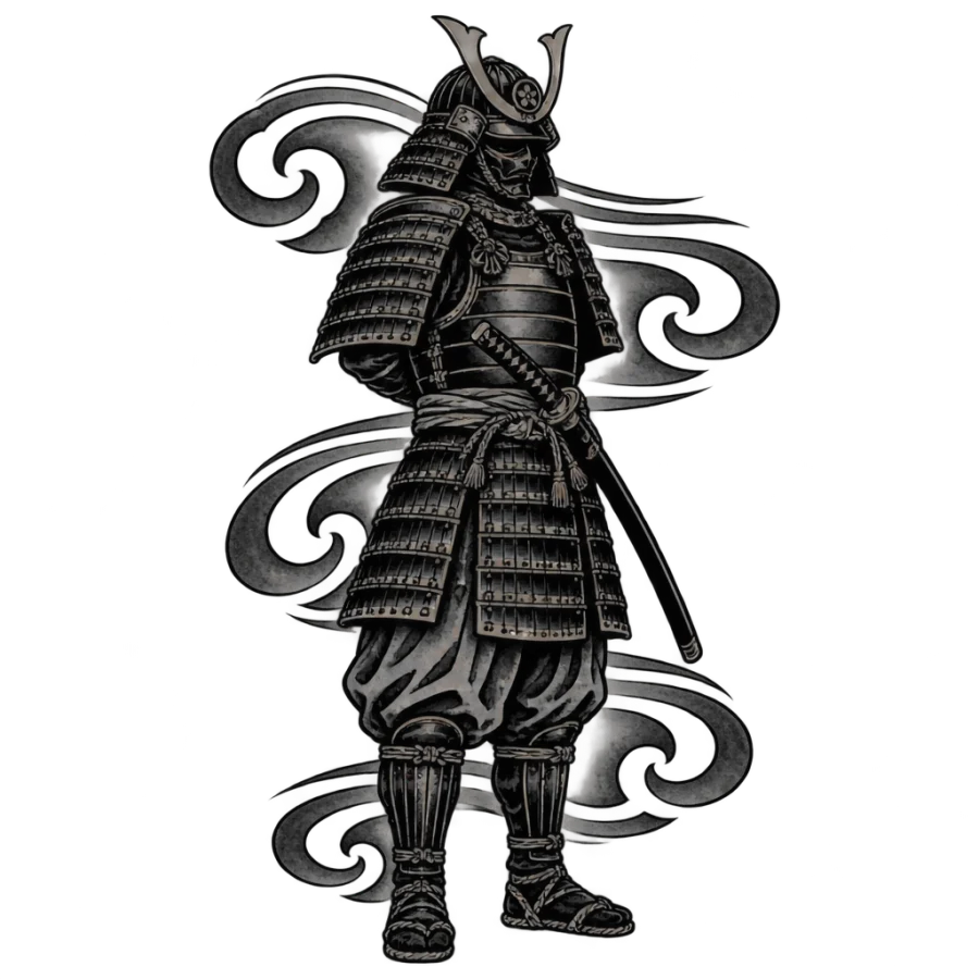 Japanese irezumi samurai tattoo design in full armour with a sheathed katana