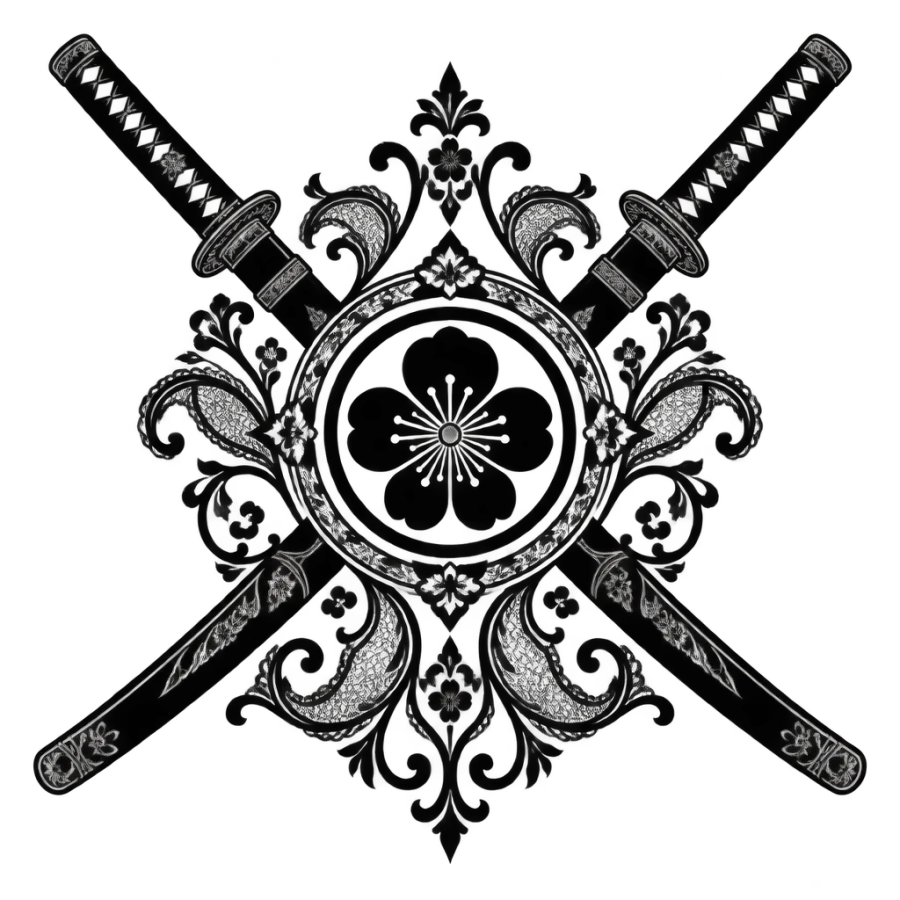 Ornamental filigree tattoo of crossed katana behind a samurai crest medallion