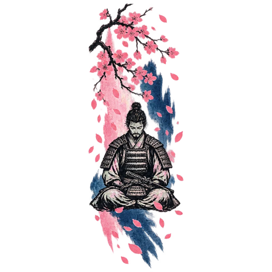 Watercolor samurai tattoo design seated in meditation under cherry blossoms