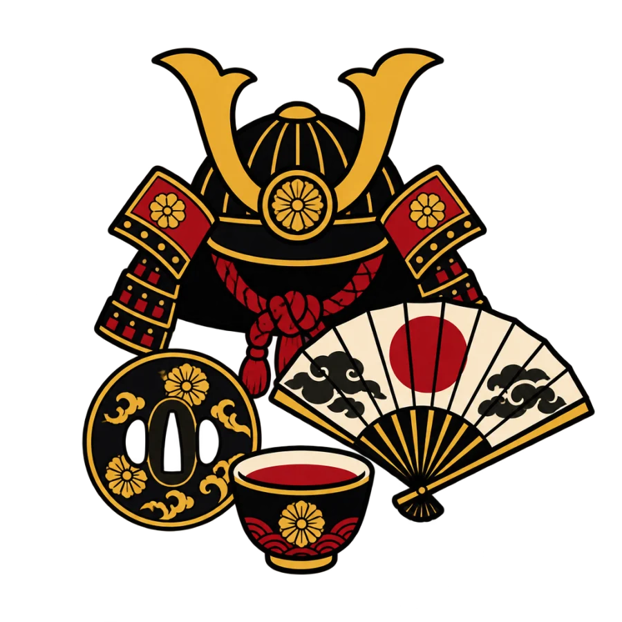 American traditional flash of samurai helmet, war fan, sword guard and cup