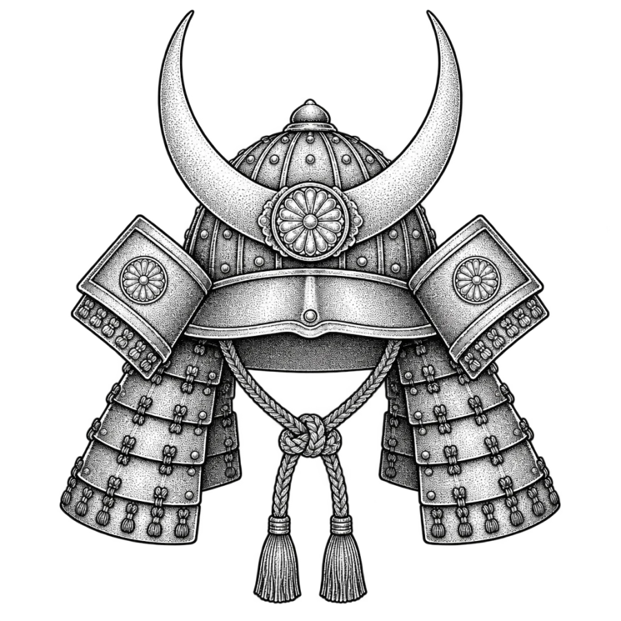 Fine line samurai helmet tattoo design with a crescent moon crest