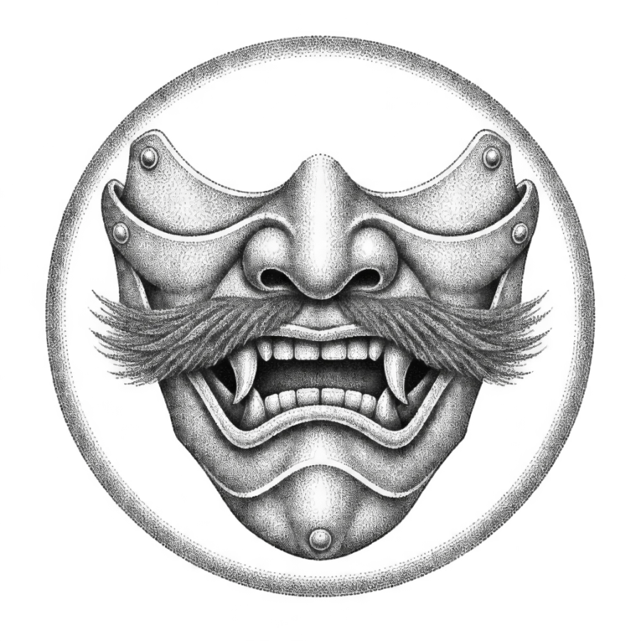 Dotwork samurai mask tattoo design set inside a round medallion