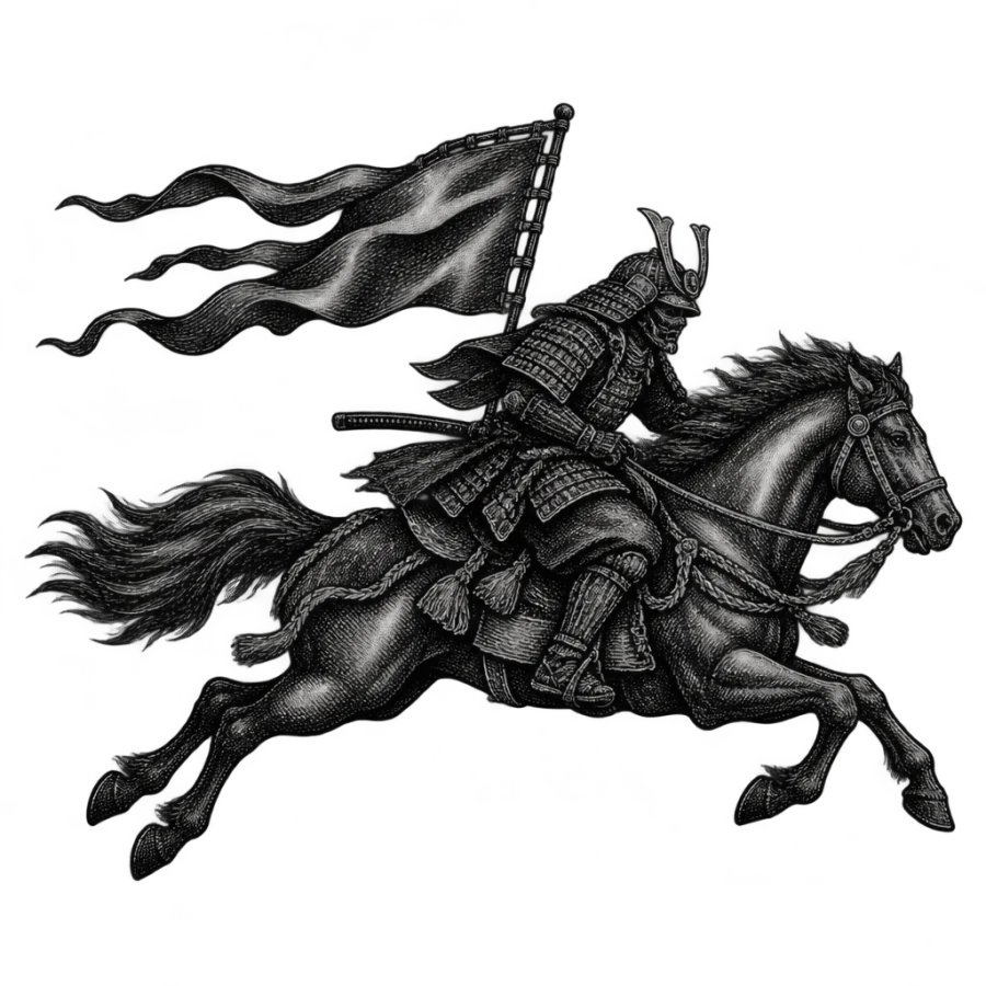 Woodcut engraving tattoo of a mounted samurai galloping with a banner