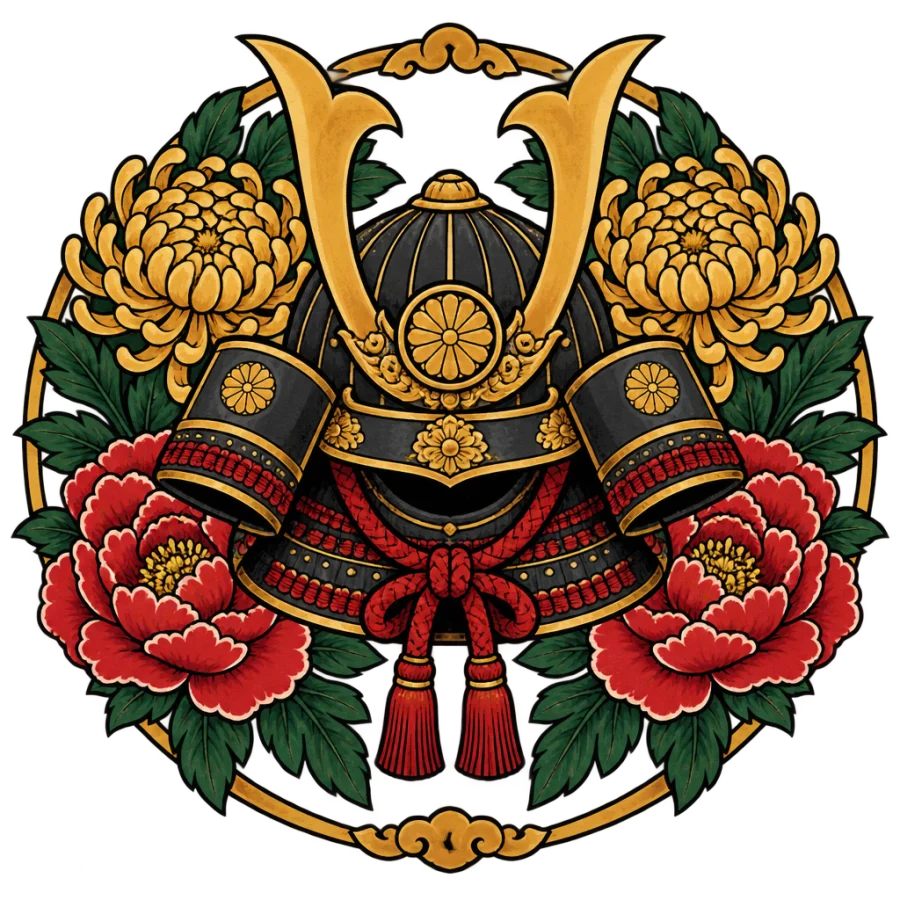 Neo traditional samurai helmet tattoo framed by chrysanthemum and peony blossoms
