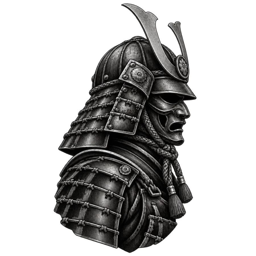 Black and grey realism samurai tattoo showing armour plates and silk cords