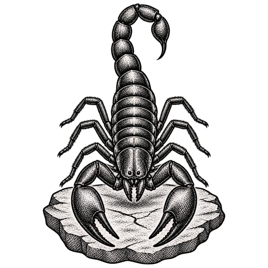 Engraved woodcut scorpion tattoo design on a desert stone with crosshatched segments