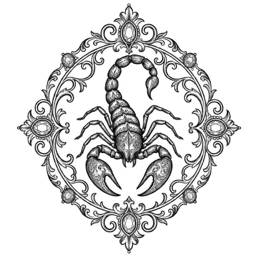 Ornamental filigree scorpion tattoo design inside a lace medallion with gems