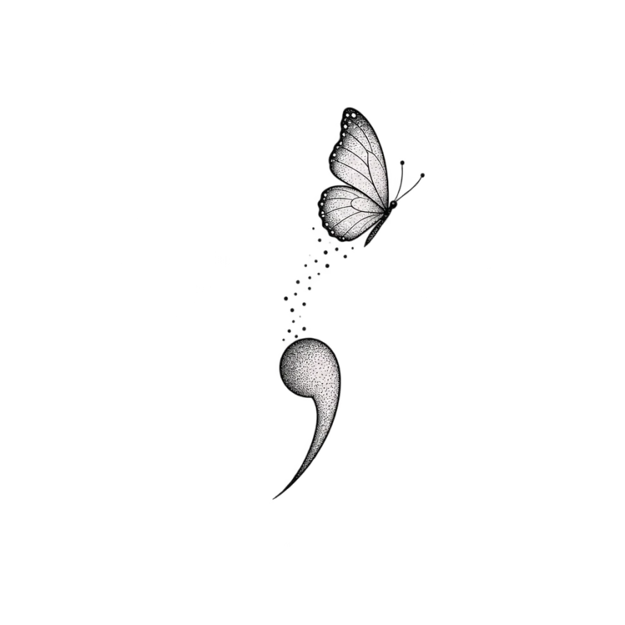 Fine line tattoo design of a semicolon with its dot becoming a butterfly