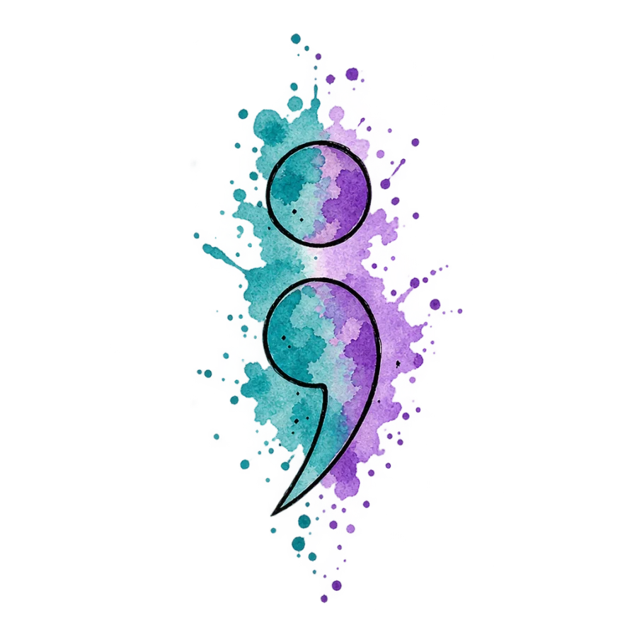 Watercolour tattoo design of a semicolon with teal and violet washes