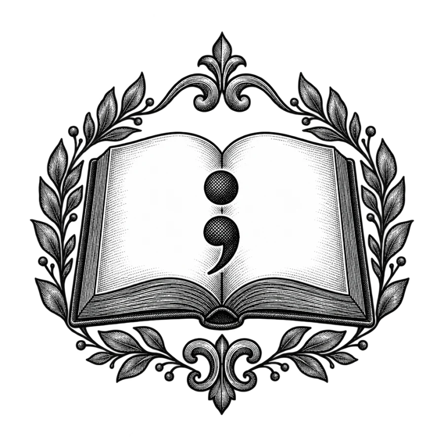 Woodcut style tattoo design of a semicolon on an open book