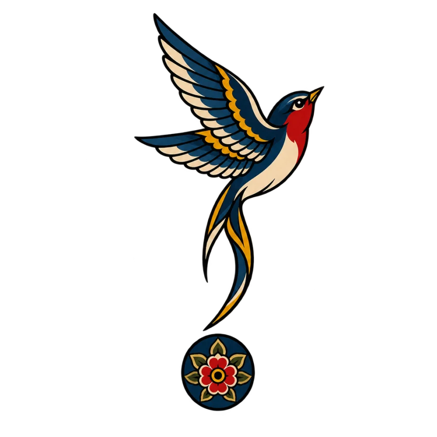 Neo traditional tattoo design of a semicolon turning into a swallow