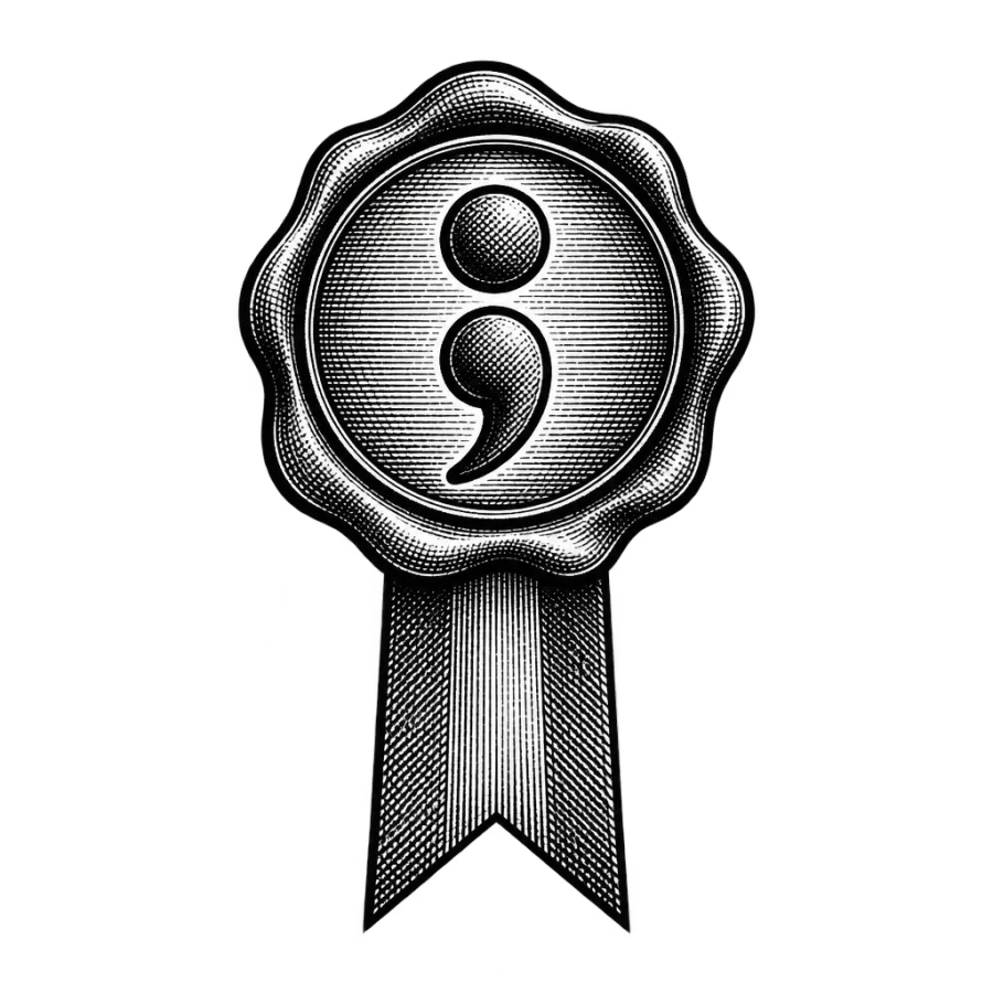 Engraved semicolon tattoo design raised on a wax seal with ribbon