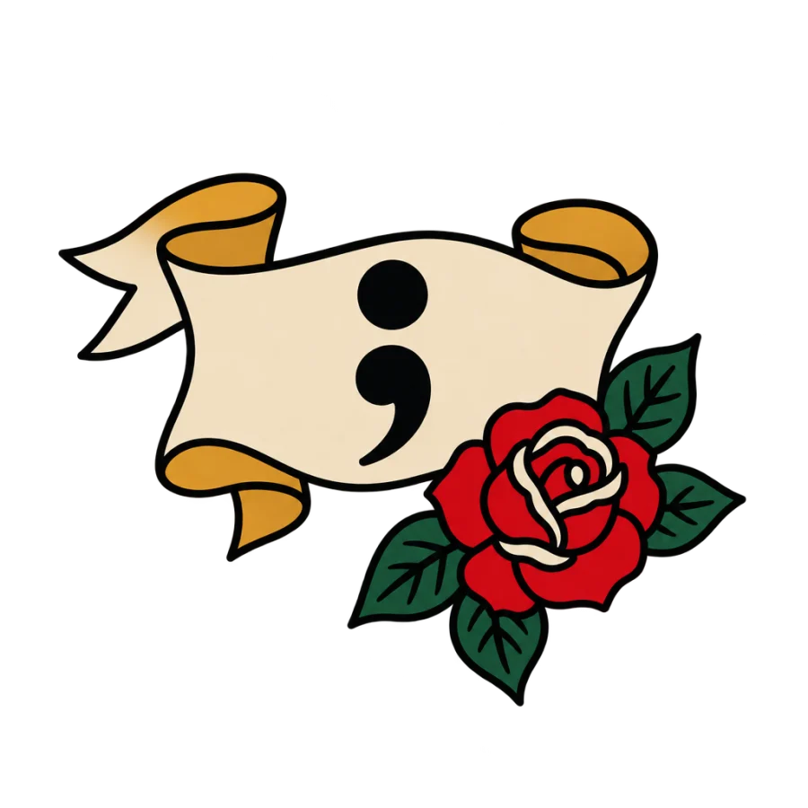 American traditional tattoo design of a semicolon in a ribbon banner