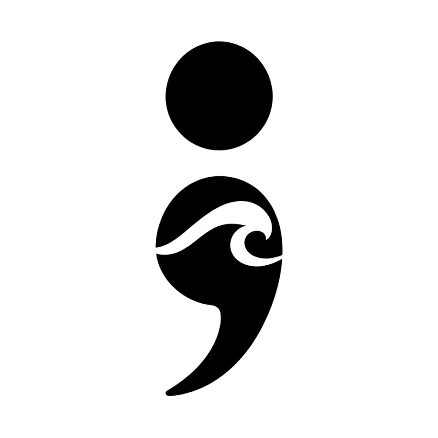 Blackwork tattoo design of a bold semicolon with a negative space wave