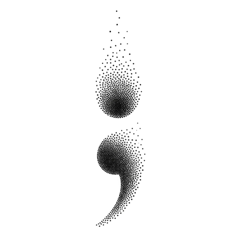 Dotwork tattoo design of a semicolon dissolving into scattered dots