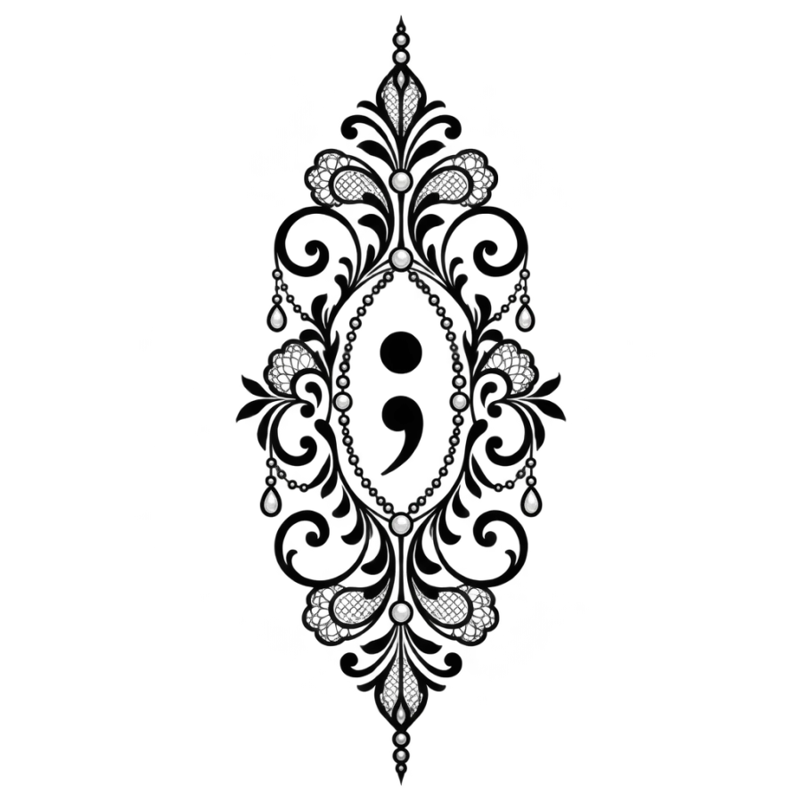 Ornamental filigree tattoo design of a semicolon framed in lace scrollwork