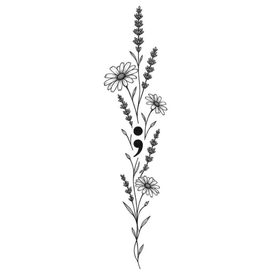 Fine line tattoo design of a semicolon surrounded by lavender and daisies