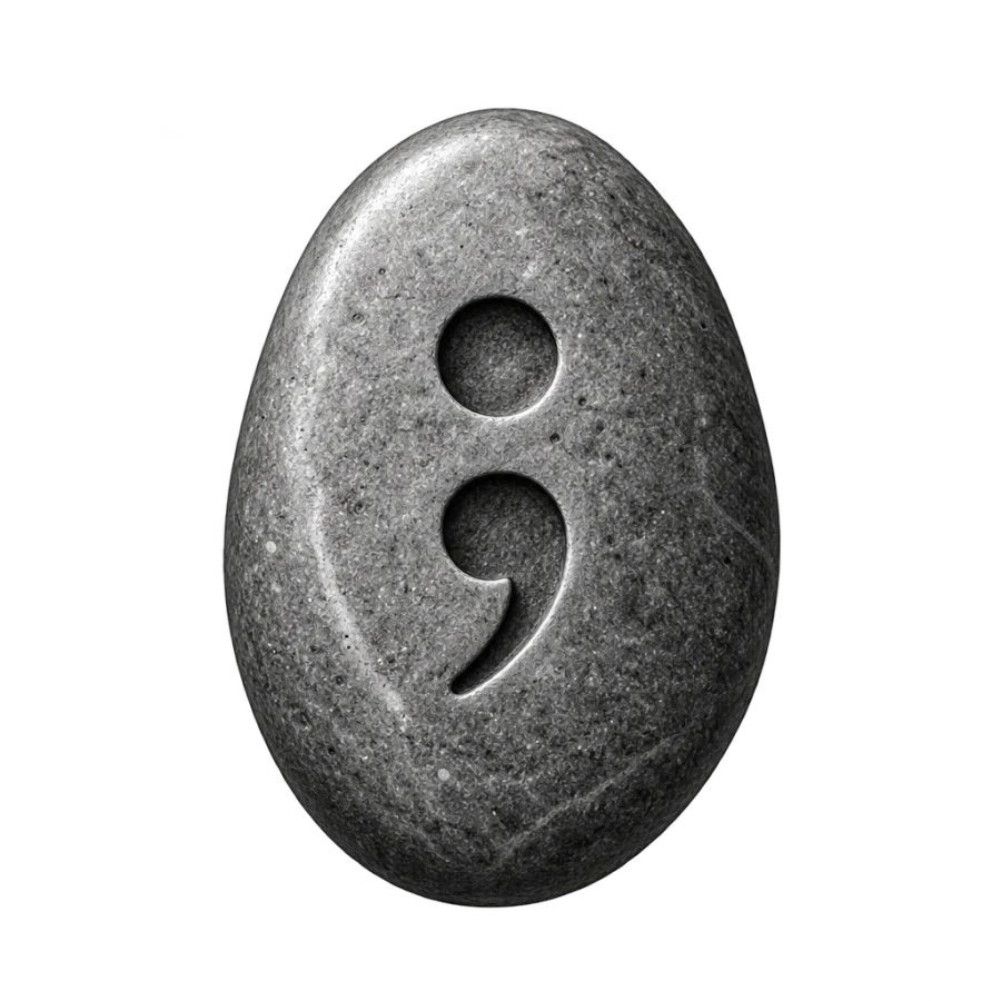 Black and grey realism tattoo design of a semicolon carved in a river stone