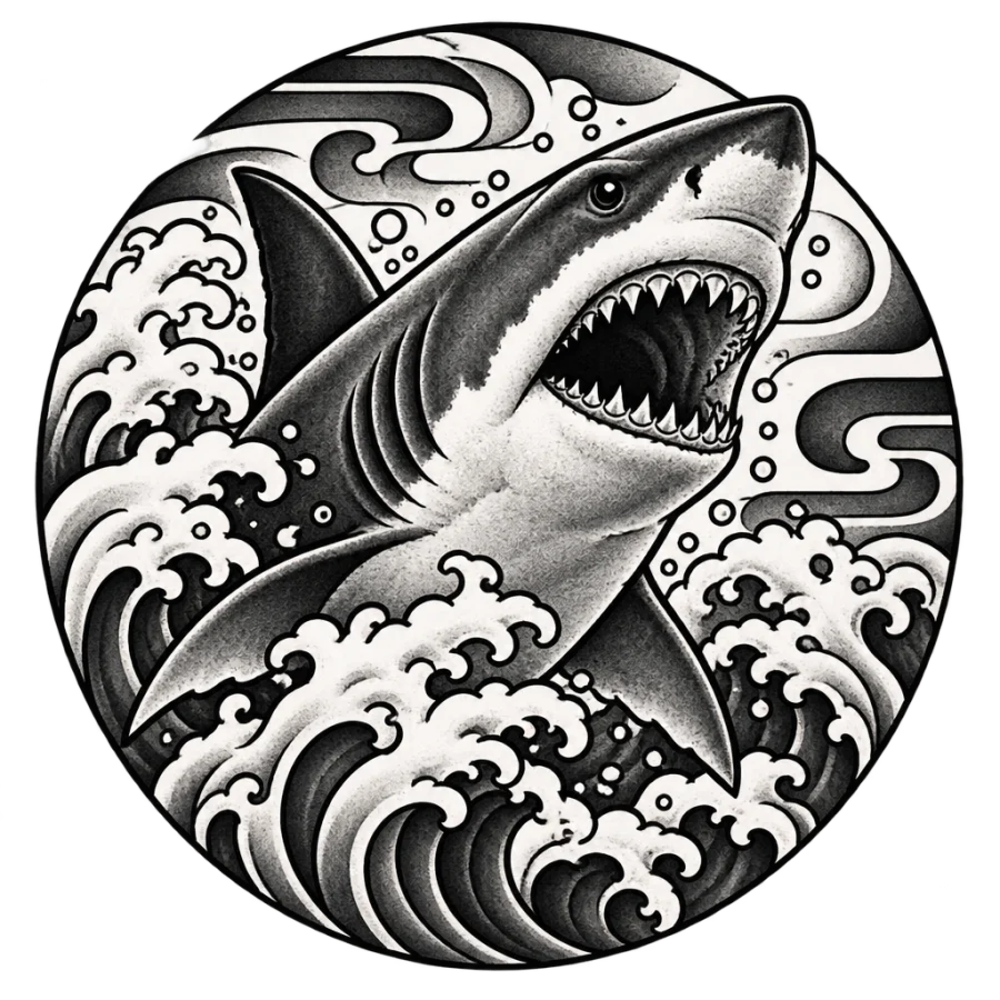 Japanese irezumi shark tattoo design rising through waves in a round medallion
