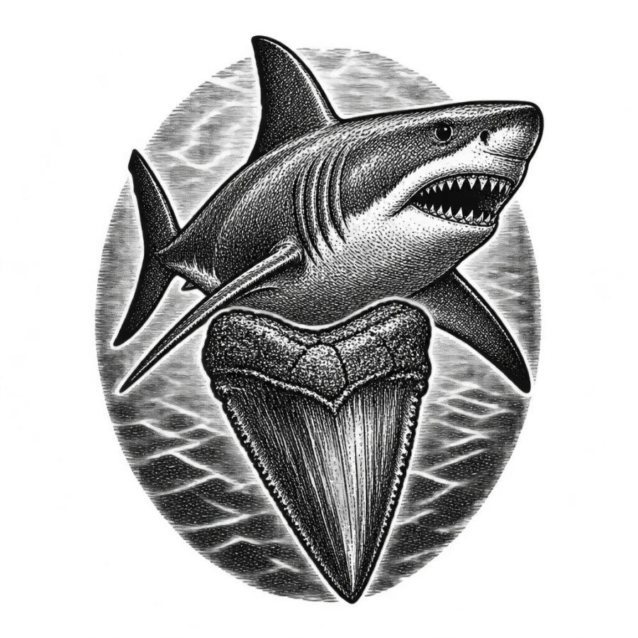 Woodcut engraving tattoo design of a megalodon tooth and vintage shark plate