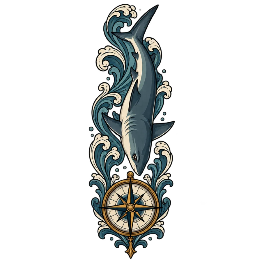Neo traditional shark tattoo design diving above a compass rose in colour