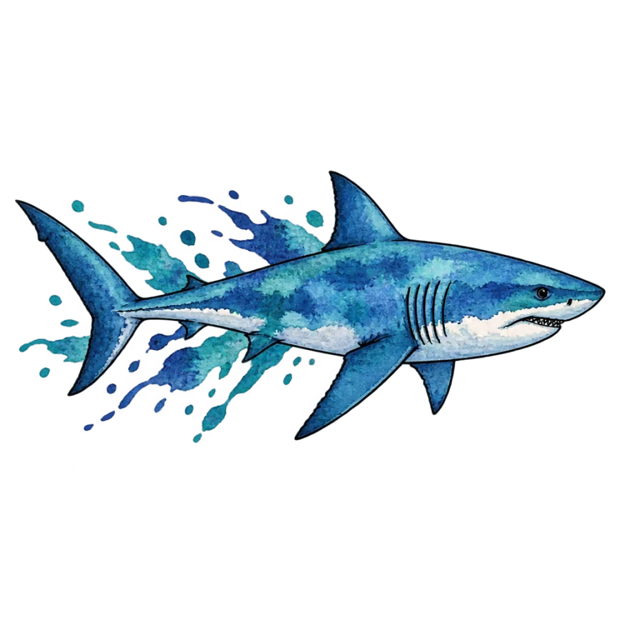 Watercolour shark tattoo design with teal and indigo splashes over black linework