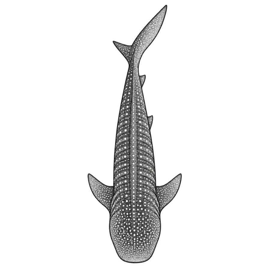 Fine line whale shark tattoo design gliding downward in a tall column